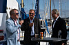 Øyvind Haram (t.v.), kommunikasjonssjef i ScaleAQ, Stein Arve Olsen, COO i Abyss, og Tor Erik Aarlot, teknisk sjef i Moen Marin, deltar i en podkastinnspilling under Nor-Fishing.