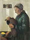 Illustrasjon 'Gammel kone som skjærer brød' av Christian Krogh.
