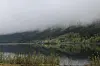 Tåka lå lavt over Alslia i Bindal nå i morgentimene på 16. mai.