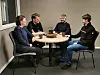 Turid Hatling Finne og Torkil Marsdal Hanssen fra PKOM, Johan Saugestad fra iMidt og daglig leder Sander Selnes Bøe i Sentrumsgata 6 AS i kaffekroken på Beddingen.